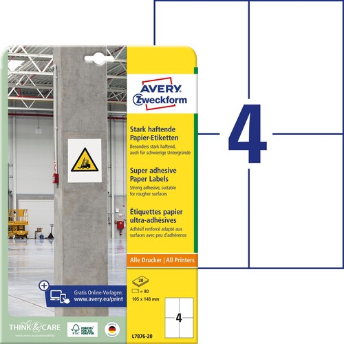 Etiketten Inkjet+Laser+Kopier 105x148mm auf A4 Bögen weiß Papier stark haftend Zweckform L7876-20 (PACK=80 STÜCK) Produktbild
