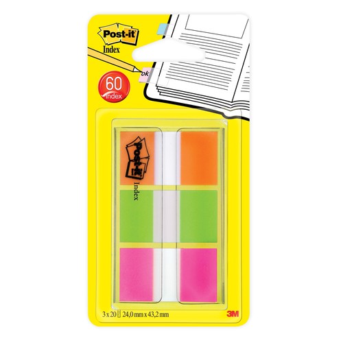 Haftstreifen Post-it Index 25,4x43,2mm orange/limonengrün/pink 3M 680-OLP (PACK=60 STÜCK) Produktbild