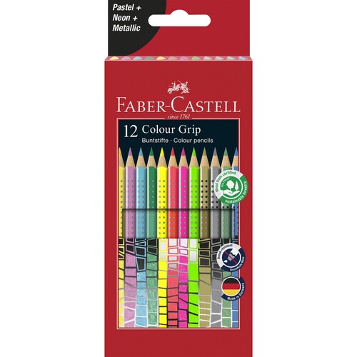 Farbstifte mit Noppen COLOUR GRIP dreikant Kartonetui sortiert Faber Castell 201569 (PACK=12 STÜCK) Produktbild Front View L