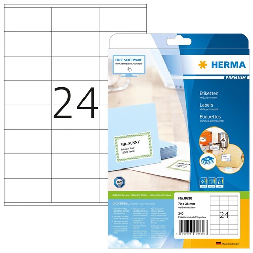 Etiketten PREMIUM Inkjet+Laser+Kopier 70x36mm auf A4 Bögen weiß permanent Herma 8638 (PACK=240 STÜCK) Produktbild