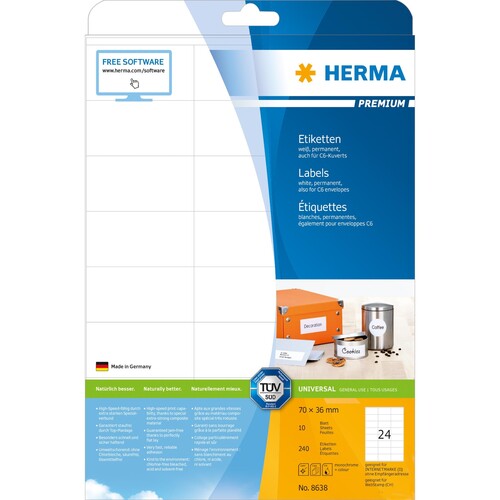 Etiketten PREMIUM Inkjet+Laser+Kopier 70x36mm auf A4 Bögen weiß permanent Herma 8638 (PACK=240 STÜCK) Produktbild Additional View 1 L