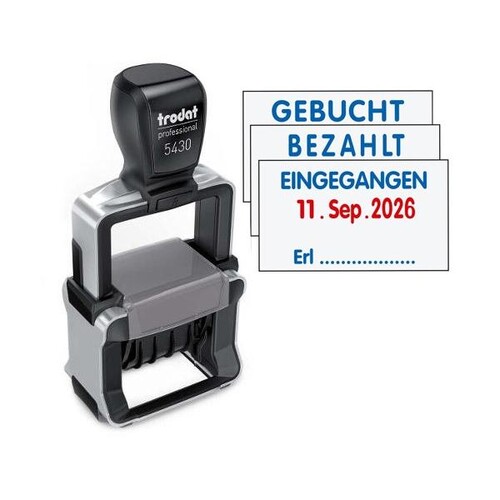 Datumstempel selbstfärbend inkl. 3 Textplat. Eingegangen-Bezahlt-Gebucht Schrifthöhe 4mm blau-rot 5430/L Trodat Produktbild