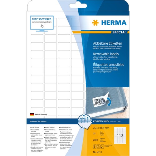 Etiketten Inkjet+Laser+Kopier 25,4x16,9mm auf A4 Bögen Movables weiß wiederablösbar Herma 4211 (PACK=2800 STÜCK) Produktbild Additional View 1 L
