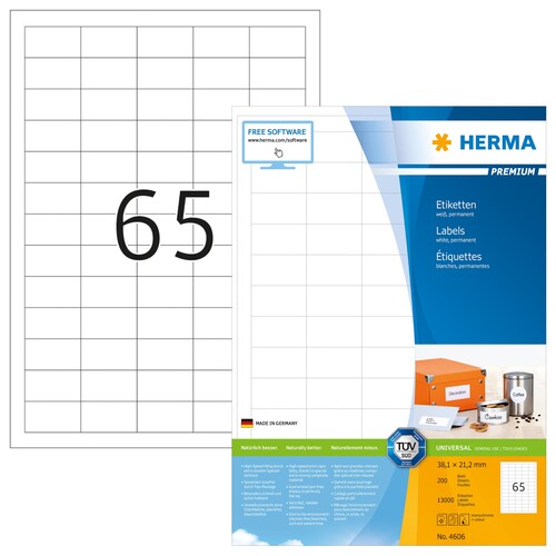 Etiketten PREMIUM Inkjet+Laser+Kopier 38,1x21,2mm auf A4 Bögen weiß permanent Herma 4606 (PACK=13000 STÜCK) Produktbild