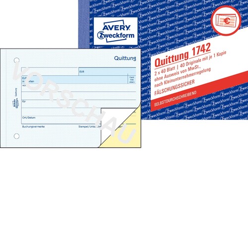 Quittung für Kleinunternehmer A6 quer 2x40Blatt Mwst nicht ausgewiesen selbstdurchschreibend Zweckform 1742 Produktbild