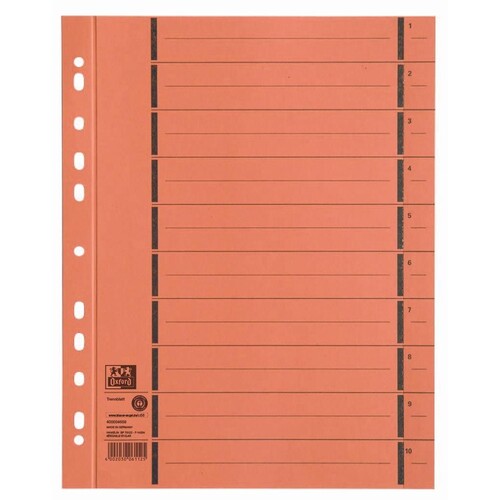 Trennblätter Oxford A4 orange 250g vollfarbig Karton 240x300mm mit perforierten Taben 400004669 (PACK=100 STÜCK) Produktbild Front View L