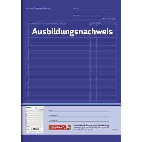 Ausbildungsnachweisbuch für wöchentliche Eintragungen 1 Woche/1 Seite A4 28Blatt blau Brunnen 104257001 Produktbild Front View L