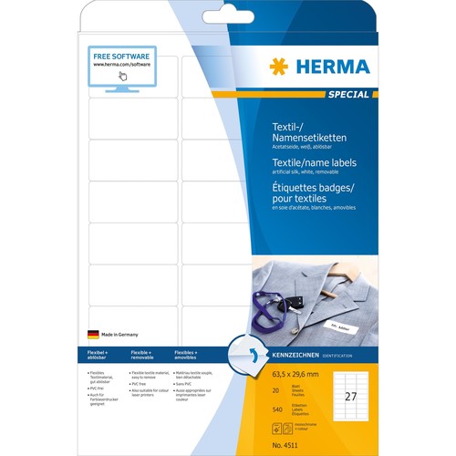 Namens-Etiketten Laser+Kopier 63,5x29,6mm auf A4 Bögen weiß gut ablösbar Acetatseide Herma 4511 (PACK=540 STÜCK) Produktbild Additional View 1 L