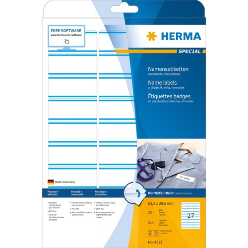 Namens-Etiketten Laser+Kopier 63,5x29,6mm auf A4 Bögen weiß/blau gut ablösbar Acetatseide Herma 4513 (PACK=540 STÜCK) Produktbild Additional View 1 L