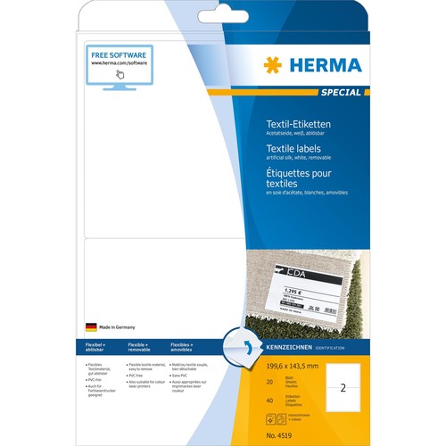 Namens-Etiketten Laser+Kopier 199,6x143,5mm auf A4 Bögen weiß gut ablösbar Acetatseide Herma 4519 (PACK=40 STÜCK) Produktbild Additional View 1 L