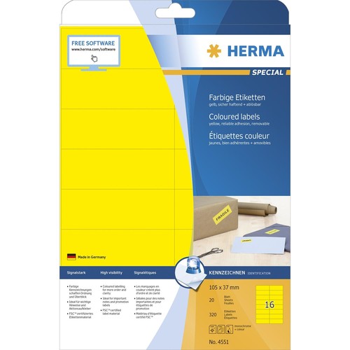 Etiketten Inkjet+Laser+Kopier 105x37mm auf A4 Bögen gelb ablösbar Herma 4551 (PACK=320 STÜCK) Produktbild Additional View 1 L