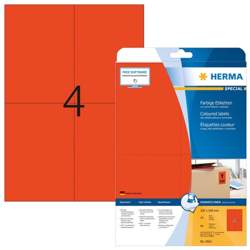 Etiketten Inkjet+Laser+Kopier 105x148mm auf A4 Bögen rot ablösbar Herma 4562 (PACK=80 STÜCK) Produktbild