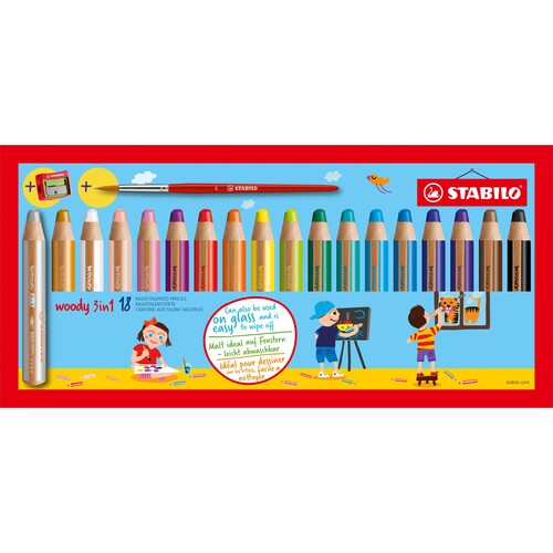 Multitalent-Stift woody 3 in 1 +Spitzer + Pinsel 10mm Mine sortiert Stabilo 880/18-3 (ETUI=18 STÜCK) Produktbild