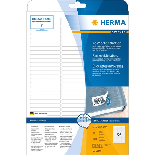 Etiketten Inkjet+Laser+Kopier 63,5x8,5mm auf A4 Bögen Movables weiß wiederablösbar Herma 4202 (PACK=2400 STÜCK) Produktbild Additional View 1 L