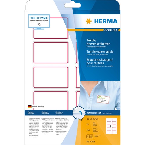 Namens-Etiketten Laser+Kopier 80x50mm auf A4 Bögen weiß/rot gut ablösbar Acetatseide Herma 4405 (PACK=200 STÜCK) Produktbild Additional View 1 L