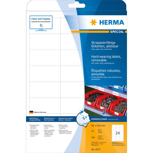 Folien-Etiketten Laser+Kopier 66,0x33,8mm A4 wetterfest+alterungs- beständig weiß ablösbar Herma 4573 (PACK=480 STÜCK) Produktbild Additional View 1 L