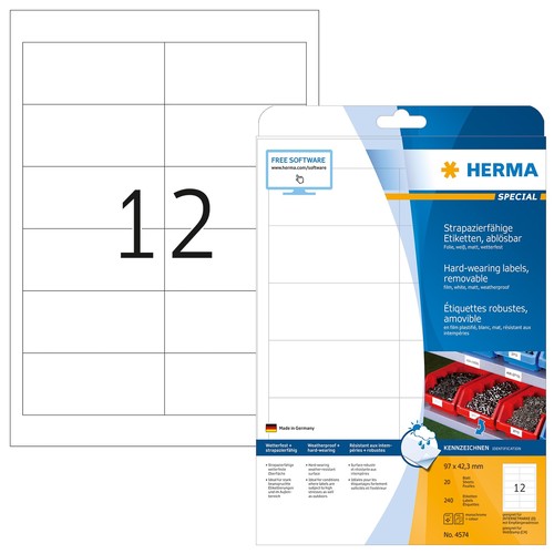 Folien-Etiketten Laser+Kopier 97,0x42,3mm A4 wetterfest+alterungs- beständig weiß ablösbar Herma 4574 (PACK=240 STÜCK) Produktbild