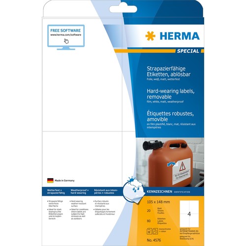 Folien-Etiketten Laser+Kopier 105,0x148,0mm A4 wetterfest+alterungs- beständig weiß ablösbar Herma 4576 (PACK=80 STÜCK) Produktbild Additional View 1 L