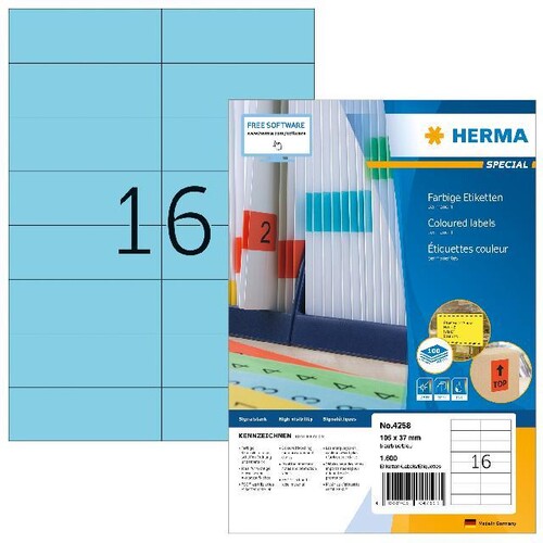 Etiketten Ink Jet+Laser+Kopier 105x37mm auf A4 Bögen blau permanent Herma 4258 (PACK=1600 STÜCK) Produktbild
