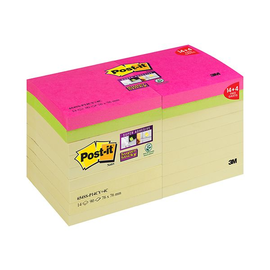 Haftnotizen Post-it Super Sticky Notes 76x76mm gelb/farbig Papier 3M 654SS-P14CY+4C (PACK=14x90 Blatt gelb + 4x90 Blatt farbig) Produktbild
