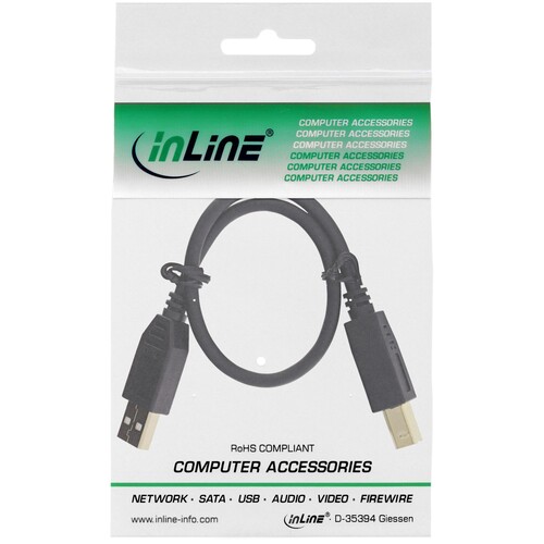 InLine USB 2.0 Kabel - A an B - schwarz - Kontakte gold - 0,3m Produktbild Additional View 1 L