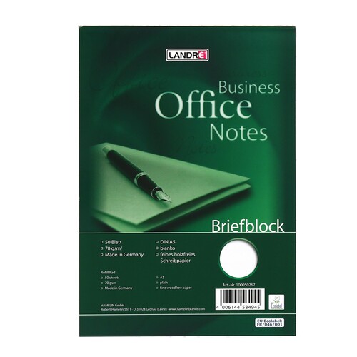 Briefblock Work A5 blanko 50Blatt 70g holzfrei weiß Landré 100050267 Produktbild Front View L