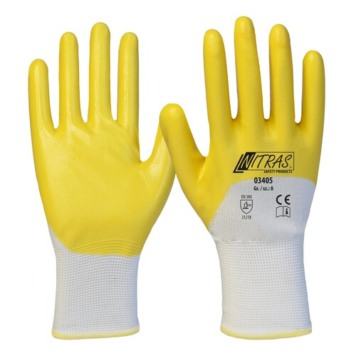 Nitrilhandschuh Polyester / Gr. 7 weiß-gelb / Nitril-beschichtet Nitras 03405 Produktbild Front View L