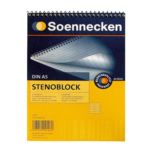 Stenoblock A5 mit Mittellinie Spirale 40Blatt 60g Recycling Soennecken 01131 Produktbild Front View L