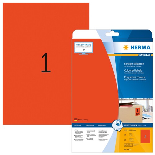 Etiketten Inkjet+Laser+Kopier 210x297mm auf A4 Bögen rot ablösbar Herma 4422 (PACK=20 STÜCK) Produktbild