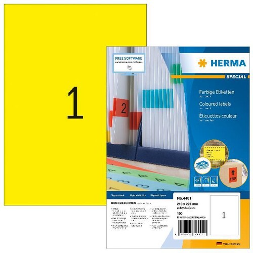 Etiketten Inkjet+Laser+Kopier 210x297mm auf A4 Bögen gelb Herma 4401 (PACK=100 STÜCK) Produktbild