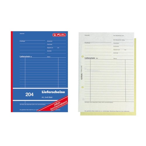 Lieferscheinbuch A5 hoch 2x40Blatt 1-fach selbstdurchschreibend Herlitz 204 (PACK=4 STÜCK) Produktbild