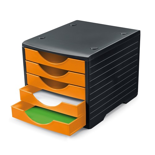 Schubladenbox Styrogreenbox mit 5 Schubladen geschlossen 33,5x24,3x32,3cm Gehäuse schwarz Schubladen orange Styro Produktbild Front View L