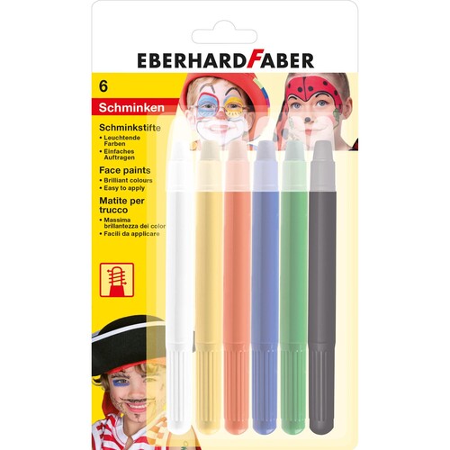 Schminkstifte drehbar weiß, gelb, orange blau, grün, schwarz auf Blisterkarte Eberhard Faber 579107 (PACK=6 STÜCK) Produktbild Front View L