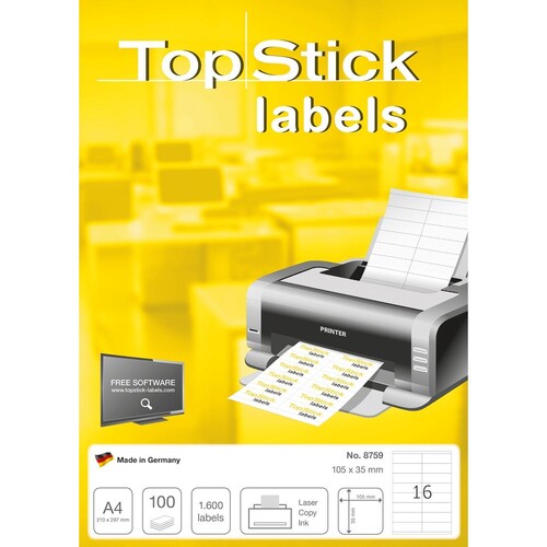 Etiketten Inkjet+Laser+Kopier 105x35mm auf A4 Bögen weiß BestStandard 8759 (PACK=100 BÖGEN Á 16 ETIKETTEN) Produktbild Additional View 1 L