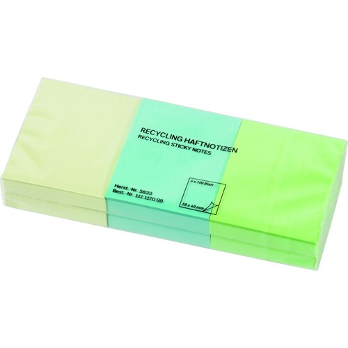 Haftnotizen 50x40mm Recycling Notes farbig sortiert Papier BestStandard (PACK=6x 100 BLATT) Produktbild Front View L