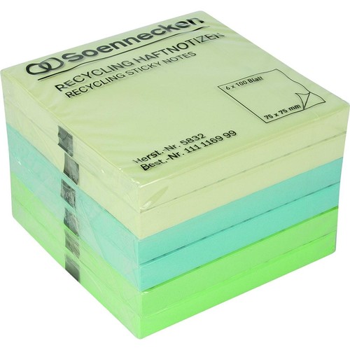 Haftnotizen 75x75mm Recycling Notes farbig sortiert Papier BestStandard (PACK=6x 100 BLATT) Produktbild Front View L