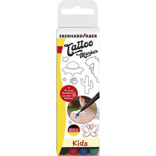 Tattoo Marker Set Kids schwarz,rot,blau grün inklusive Motivschablone Eberhard Faber 559504 (PACK=4 STÜCK) Produktbild Front View L