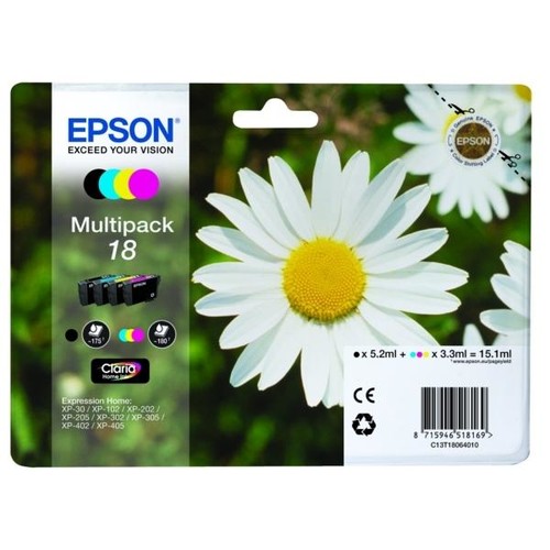 Tintenpatrone 18 für Epson Expression Home XP-30 schwarz / 4- farbig Multipack Blister ohne Alarm Epson T18064012 (1PACK = 1 x Schwarz 5,2ml / 1 x Cyan/Magenta/Yellow á 3,3ml) Produktbild Front View L
