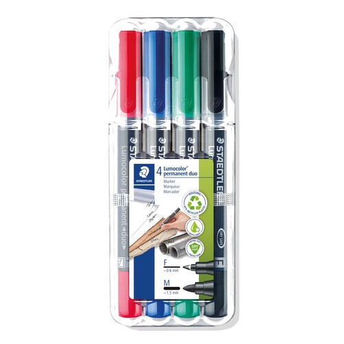 Folienstifte Lumocolor duo 348 F+M 0,6mm fein+ 1,5mm mittel Etui Staedtler 348WP4 sortiert wasserfest (ETUI=4 STÜCK) Produktbild Additional View 1 L