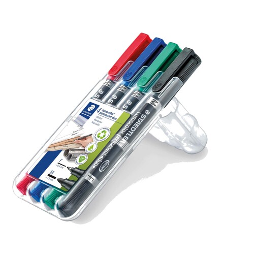 Folienstifte Lumocolor duo 348 F+M 0,6mm fein+ 1,5mm mittel Etui Staedtler 348WP4 sortiert wasserfest (ETUI=4 STÜCK) Produktbild