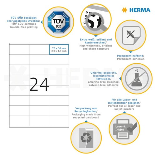 Etiketten PREMIUM Inkjet+Laser+Kopier 70x36mm auf A4 Bögen weiß permanent Herma 4633 (PACK=4800 STÜCK) Produktbild Additional View 7 L