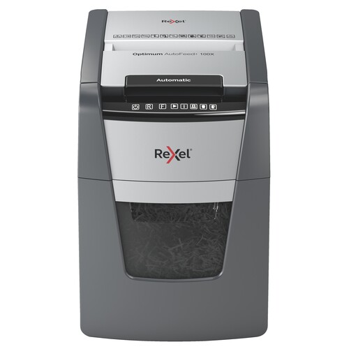Aktenvernichter Optimum AutoFeed+ 100X f. 100Blatt 4x28mm Partikelschnitt Rexel 2020100XEU (Sicherheitsstufe P4) Produktbild Front View L