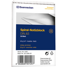 Spiralnotizblock A5 kariert 50Blatt 60g holzfrei weiß Soennecken 1119 Produktbild