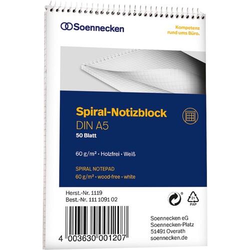 Spiralnotizblock A5 kariert 50Blatt 60g holzfrei weiß Soennecken 1119 Produktbild Front View L