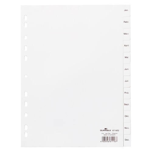 Register A4 230x297mm Jan.-Dez. 12-teilig weiß Plastik Durable 6114-02 Produktbild Front View L