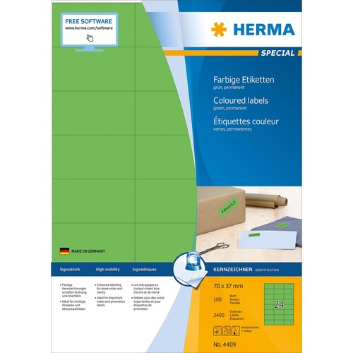 Etiketten Inkjet+Laser+Kopier 70x37mm auf A4 Bögen grün permanent Herma 4409 (PACK=2400 STÜCK) Produktbild Additional View 6 L