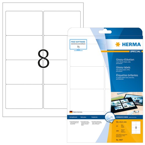 Etiketten Laser+Kopier 96x63,5mm auf A4 Bögen weiß glossy Herma 4907 (PACK=200 STÜCK) Produktbild