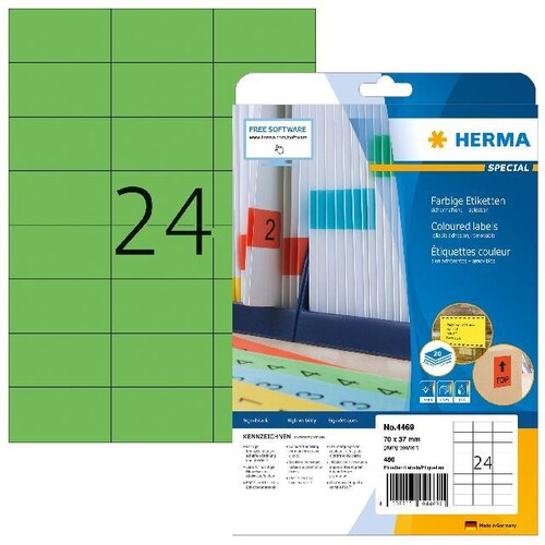 Etiketten Inkjet+Laser+Kopier 70x37mm auf A4 Bögen grün matt Herma 4469 (PACK=480 STÜCK) Produktbild