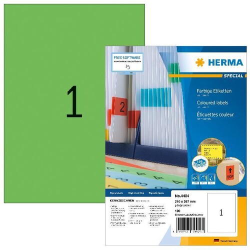 Etiketten Inkjet+Laser+Kopier 210x297mm auf A4 Bögen grün 4404 Herma (PACK=100 STÜCK) Produktbild
