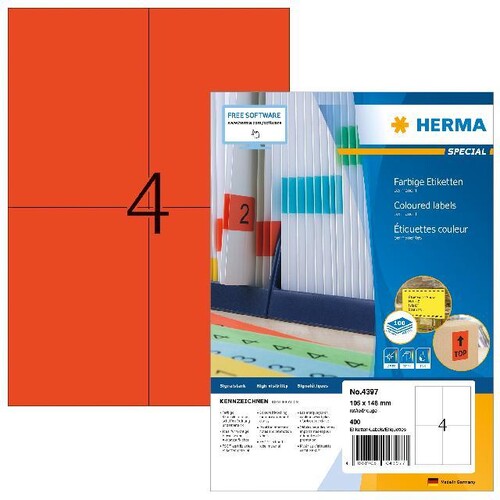 Etiketten Inkjet+Laser+Kopier 105x148mm auf A4 Bögen rot Herma 4397 (PACK=400 STÜCK) Produktbild